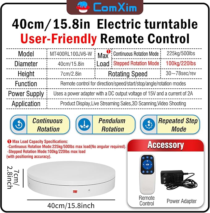 15.8In Remote Large Motorized electric turntable Rotating platform Photography Turntable Motorized lazy susan Base giratoria para for Photography,3D Scanner,Heavy duty display(Load Range:220~500lbs)