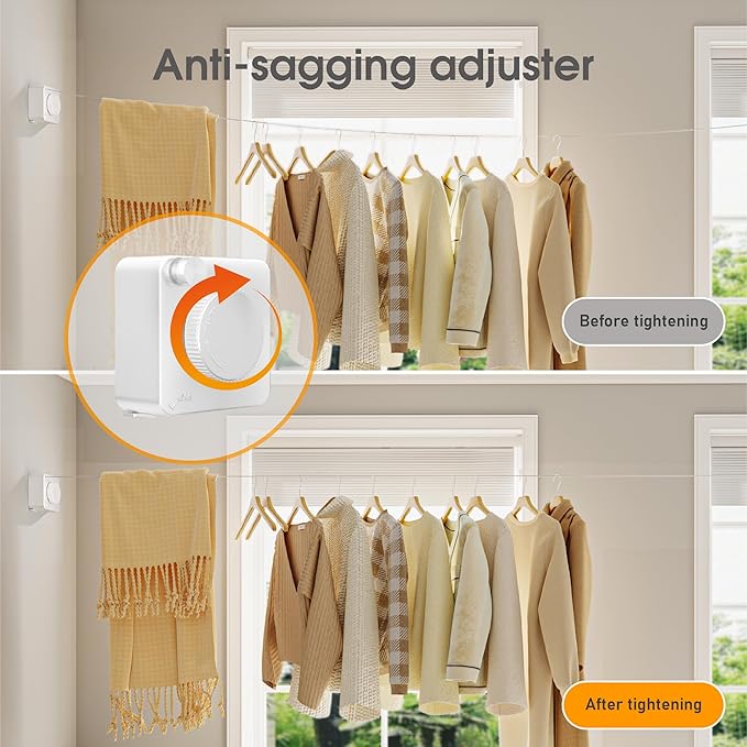 Retractable Heavy Duty Clothesline - Wall Mounted Indoor and Outdoor Laundry Drying Solution, 15.7ft Anti-Sagging Stainless Steel Rope (White)
