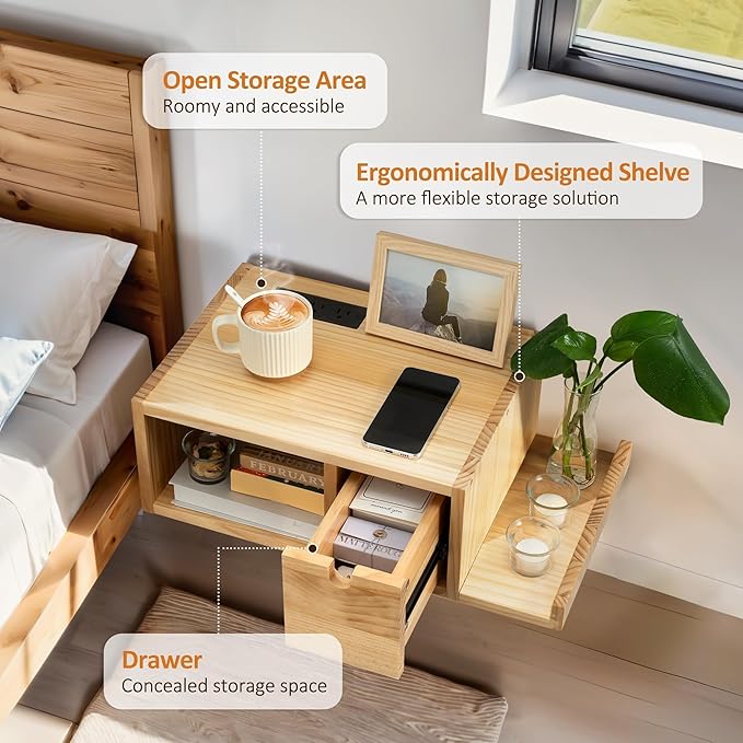 Afuly Floating Nightstand Set of 2 with Charging Station, Wall Mount Night Stands with Drawer Hanging Bedside Table End Table, Solid Wood Modern Side Table Shelf for Bedroom Natural Wooden Decor