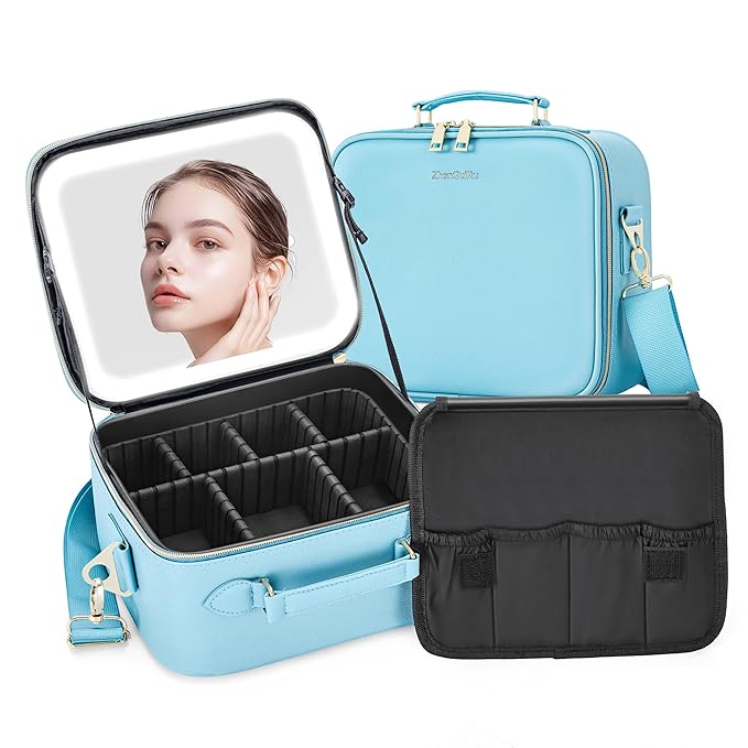 Travel Makeup Bag with LED Mirror, Cosmetic Train Case with Lighted Mirror, Waterproof Makeup Organizer Case for Brush Holder Storage, Travle Toiletry Bag for Women Gift