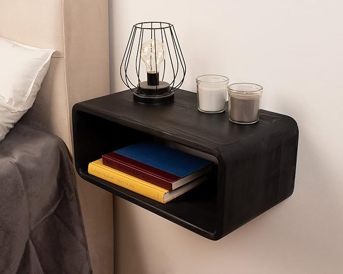 Floating Nightstand Wooden, Bedside Table, Nightstand Shelf, Handmade, Wall Mounted Bedside Shelf, Minimalist and Unique Style (Black)