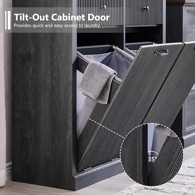 Modern Double Tilt-Out Laundry Hamper Cabinet, 20 Gallon Fluted Trash Can Cabinet w/2 Drawers, Wooden Hidden Garbage Can Cabinets w/Laundry Basket, Free Standing for Bathroom and Kitchen, Grey
