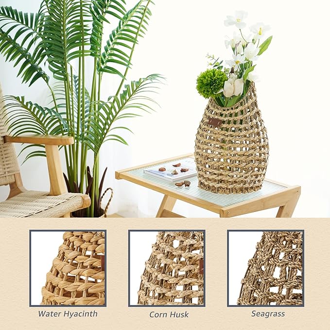 Woven Front Door Basket Water Hyacinth Wall Hanging Basket Decorative Boho Mounted Organizer for Dried Flower Plants Storage Basket for Garden, Home, and Farmhouse Décor (B_Corn Husk)