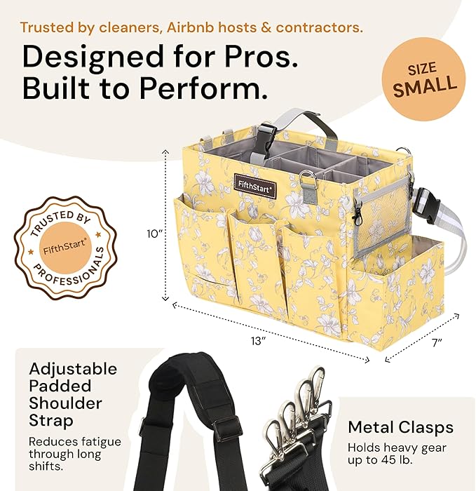 FifthStart Multipurpose Cleaning Caddy with Waist & Shoulder Strap - Diaper Caddy with 9 Pockets, Mesh Base & Adjustable Compartments - Cleaning Supplies Organizer (Yellow Floral, Small)