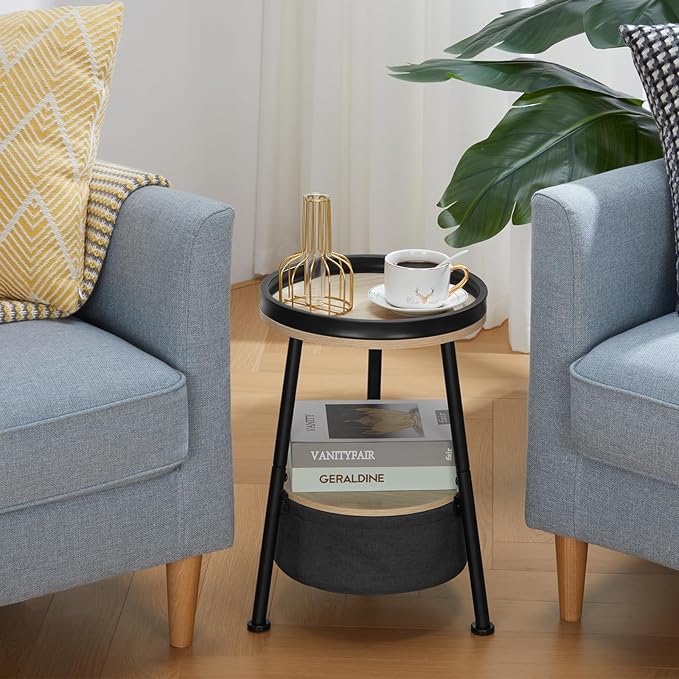 Small Round End Table, 2 Tier Side Table with Storage Basket, 11.8'D*17.8'H, Sofa Side Table, Small Round Nightstand