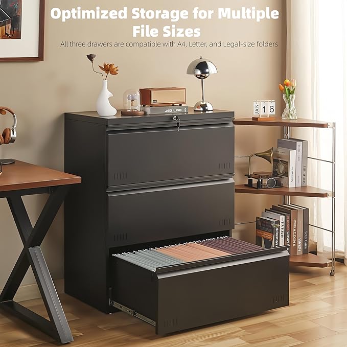 Metal File Cabinet with Lock, 3 Drawer Lateral File Cabinets for Home Office, Heavy Duty Office Storage Cabinet for A4/Letter/Legal Size, Assembly Required(Black)