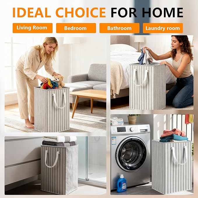 3 Pack Laundry Hamper Collapsible 75L Large Waterproof Cotton Linen Clothes Hamper with Handles Freestanding for Home Dorm Bathroom Bedroom Campin