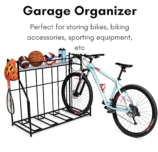 BIRDROCK HOME Bike Rack Garage Storage Floor Stand - Freestanding Organizer for Outdoor Yard - Upright Wall Mount for Scooters, Rakes, Motorcycles, Hoverboards, Gloves - Holds 4 Bicycle - Black