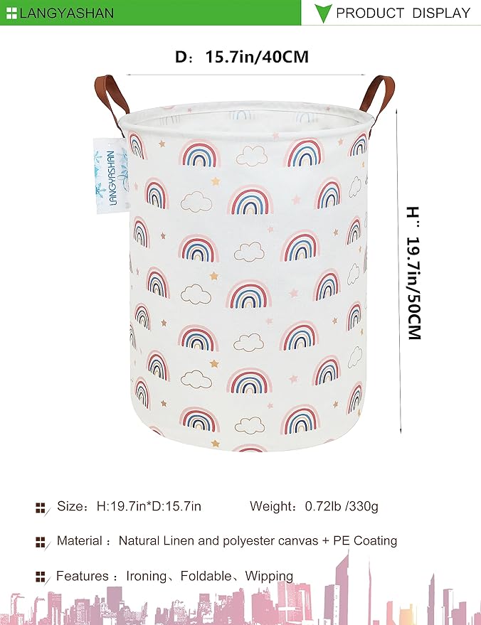 LANGYASHAN Laundry Basket Canvas Fabric Collapsible Organizer Basket for Storage Bin Toy Bins Gift Baskets Bedroom Clothes Children Nursery Hamper (Round Cloud Rainbow)