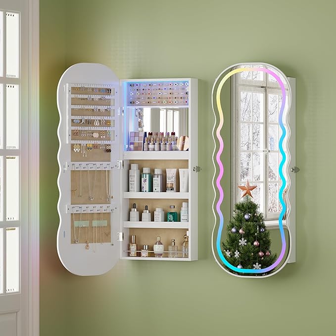 HNEBC LED Mirror Jewelry Cabinet with RGB Lights,42.5" Wall Mounted Jewelry Organizer with Full-Length Mirror,Over The Door Hanging Jewelry Armoire Storage Cabinet,Lockable,Wide Wavy Mirror