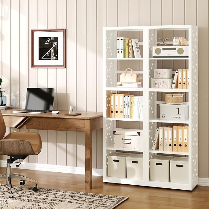 Narrow Bookshelf,5 Tier Bookcase,55" White Metal Small Bookshelf with Adjustable Feet and Adjustable Shelves,Home Office Bookcase Shelf Storage Organizer for Living Room、Kitchen
