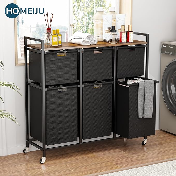 HOMEIJU Laundry Basket with Wheels, Rolling Laundry Hamper Organizer with Large Desktop, Laundry Sorter with 6 Pull-Out and Removable Laundry Bags, Metal Frame, Rustic Brown and Black