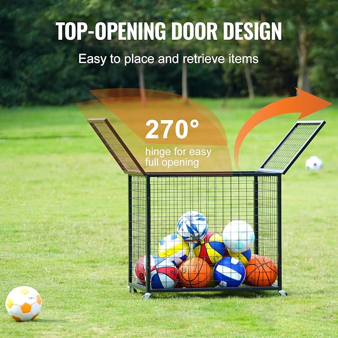 VEVOR Rolling Sports Ball Storage Cart, Lockable Basketball Cage with Double Lids, Sport Equipment Holder Organizer for Indoor Outdoor, Steel Storage Rack for Garages, Playgroup, Gym and Schools