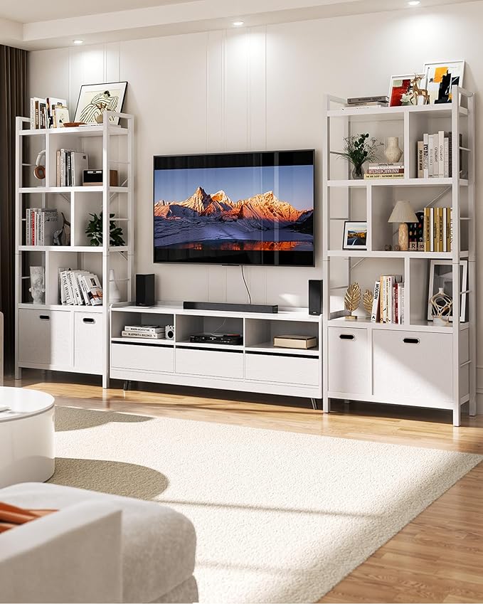 Armocity Bookshelf with Drawers - 5 Tier Tall Bookcase Geometric Modern Book Shelf Display Standing Bookshelves with Storage for Living Room, Bedroom Home Office, White
