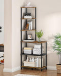 6-Tier Corner Shelf, Industrial Corner Bookshelf with Desk Top, Diamond-Shaped Storage Shelves, Display Stand for Small Spaces, Living Room, Home Office, Foyer, Rustic Brown and Black TCJ70BF