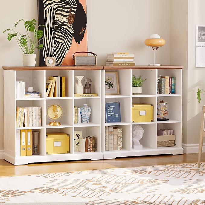 IRONCK 9 Cube Storage Organizer, Wooden Cube Shelf with Storage, Farmhouse Bookcase for Bedroom, Living Room and Home Office, White