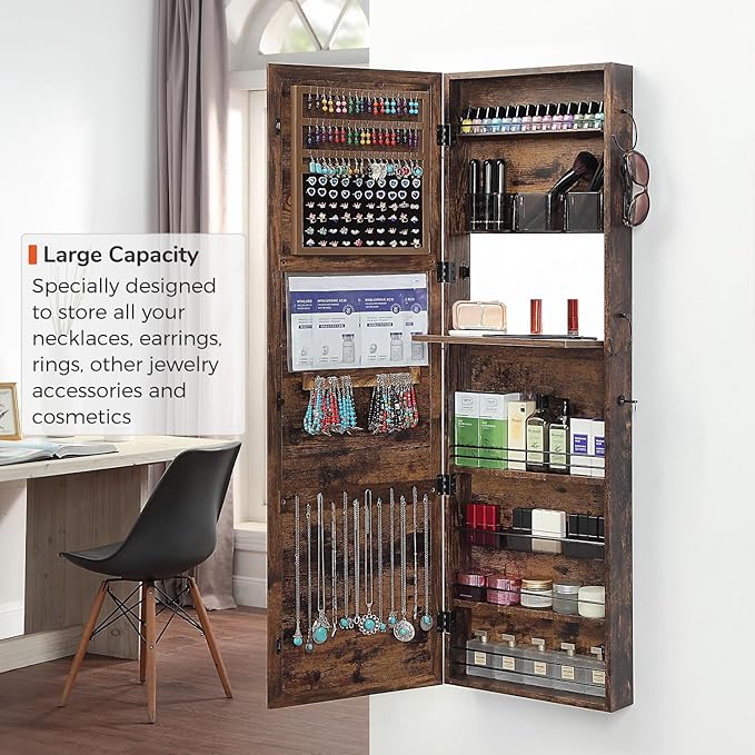 GISSAR Jewelry Mirror Armoire Wall Mount Over The Door Mirror Jewelry Cabinet Storage Mirror Organizer Lockable Full Length Door Mirror,Vintage Brown, GMJ2003V