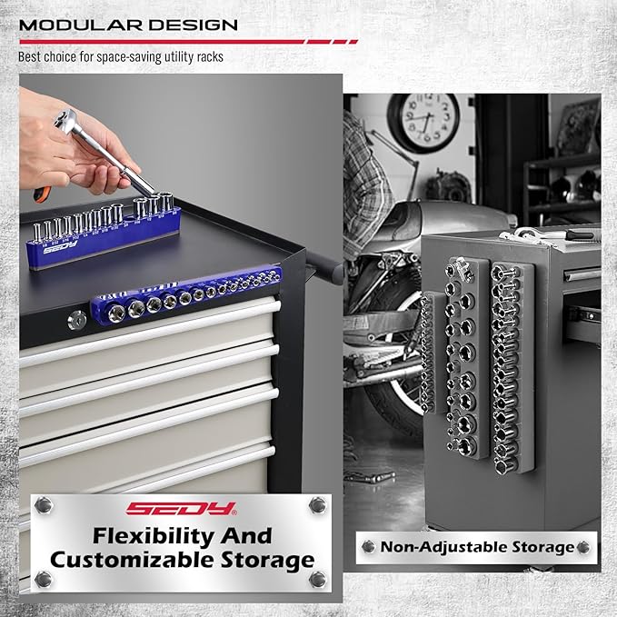 2-Piece 1/4"-Drive SAE Magnetic Socket Organizer Set (Holds 26 Sockets) - Detachable Tool Tray with 5mm Magnetic Base, Screw-Fixed Design & Heavy-Duty Modular Storage for Garage/Home Workshop