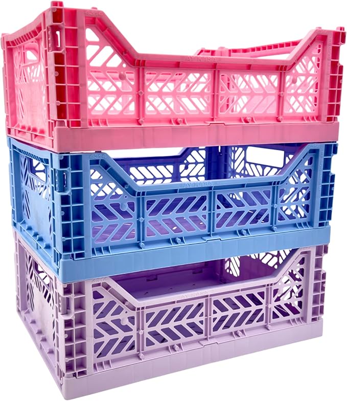 Collapsible Storage Box, Foldable Crate Organizer Bin with Handle, Stackable Crates for Home Organization (Blue-Purple-Pink, 14L - 3 Pack)