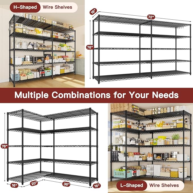 PrimeZone 2 Pack 72"W x 16''D x 76''H Metal Storage Wire Shelves - 5 Tier Heavy Duty Standing Garage Shelving Unit, Adjustable Steel Wire Rack Utility Shelf for Warehouse Kitchen Pantry Corner, Black