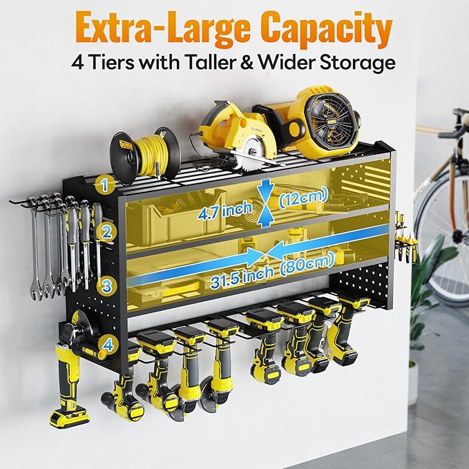 Tomorotec 4-Layer Wall-Mounted Power Tool Storage Rack, Heavy-Duty Steel Drill Organizer with Adjustable Shelves & Side Hooks for Toolbox, Easy Installation Garage & Workshop Storage (Black)