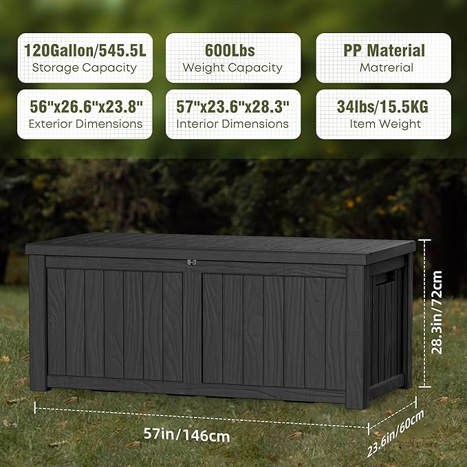 120 Gallon Deck Box,Resin Outdoor Storage Box with Lockable for Patio Furniture, Pool Tools, Garden Tools Waterproof Outside Storage Box (Black)
