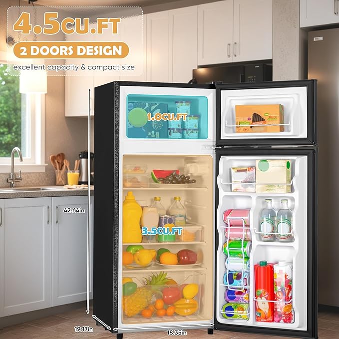 Manastin 4.5 Cu.Ft Mini Fridge with Freezer, Small Refrigerator with 2 Doors for Kitchen, Dorm, Office and Bedroom, Mini Fridge with Adjustable Shelves (Black)