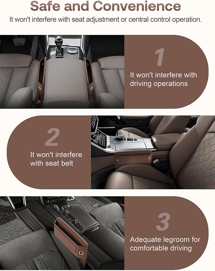 Premium Leather Car Seat Gap Filler Organizer, Universal Fit Accessories for Women/Men Interior, Center Console Organizer with Card Slots for Car, SUV, Truck (Brown, 1 Pack)
