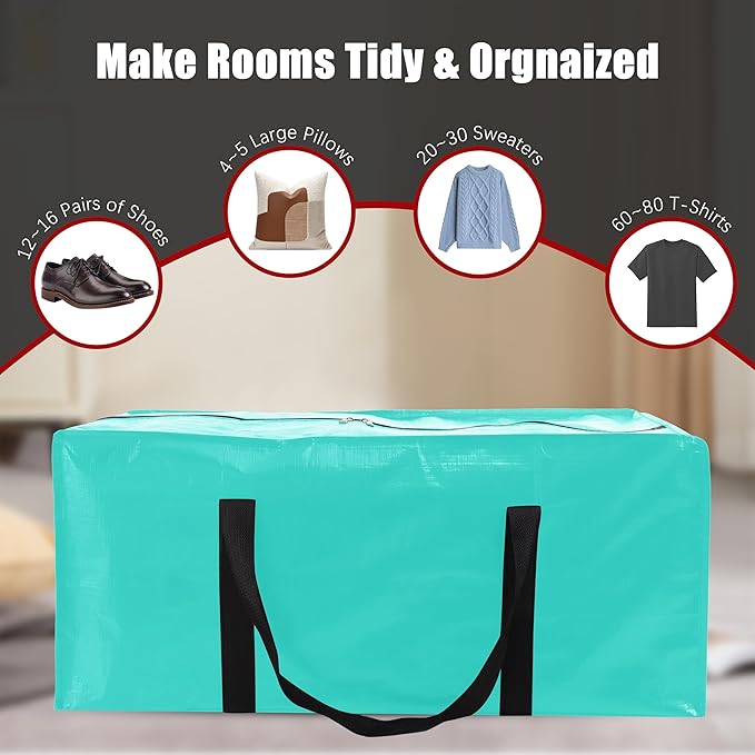 12 Pack Extra Large Moving Bags with Zippers & Carrying Handles, Heavy-Duty Storage Tote for Space Saving Moving Storage, Fold Flat, Alternative to Box and Bin,Aquamarine