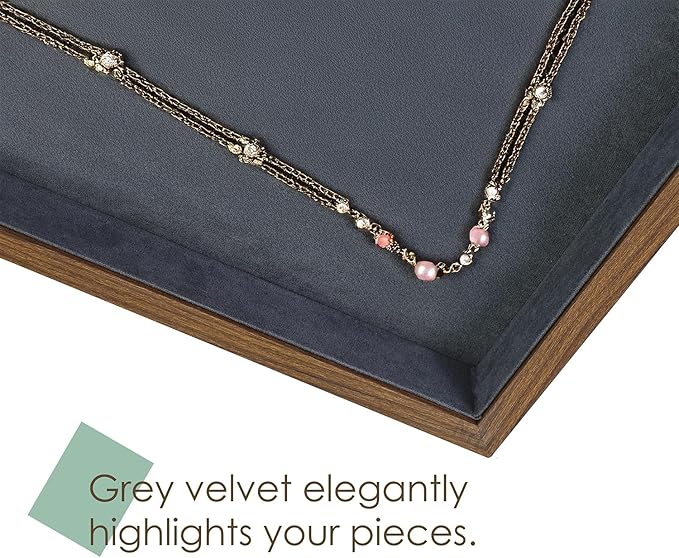 MOOCA 2 Pcs Wooden Jewelry Display Tray, Presentation Tray, Organizer for Rings, Necklaces, Earrings, and Accessories, Walnut Color with Grey Suede, 14" W x 9.6" D x 1.2" H