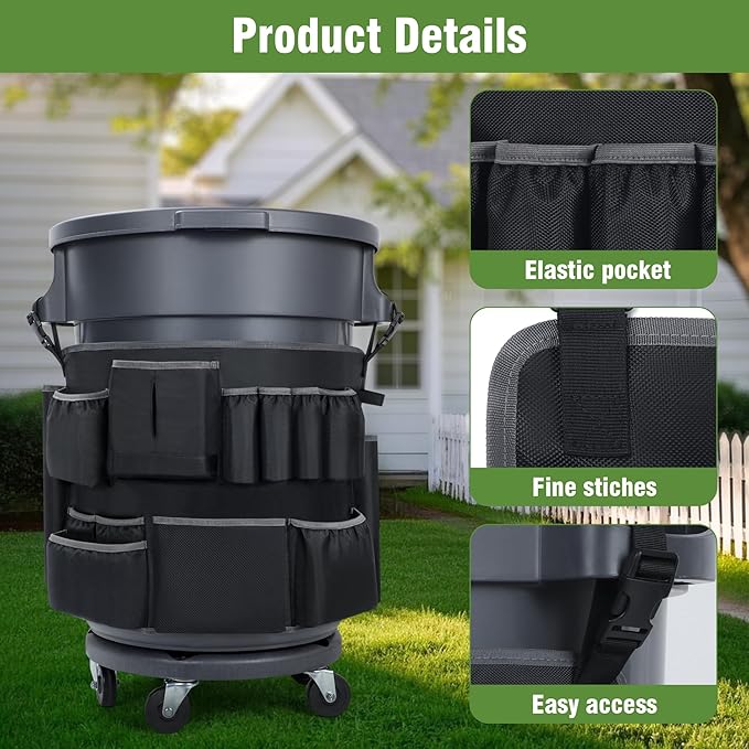 Trash Can Caddy Bags Fit 32-55 Gallon Garbage Bins, Garbage Bin Caddy Bag Organizer with Multi-Pockets, Organizer For Cleaning, Maid, & Janitorial Duty, Cleaning Caddy Bag Only