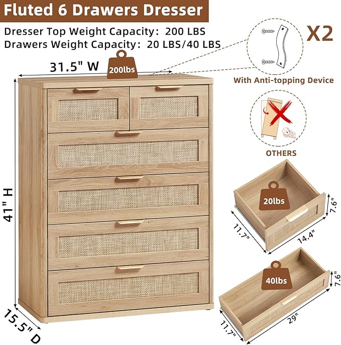 LEYAOYAO Rattan Dresser for Bedroom, 42" Tall Chest of Drawers, Modern 6 Drawers Boho Dressers with Storage, Light Oak Dresser Wooden Closet Organizer for Living Room, Hallway, Natural Wood