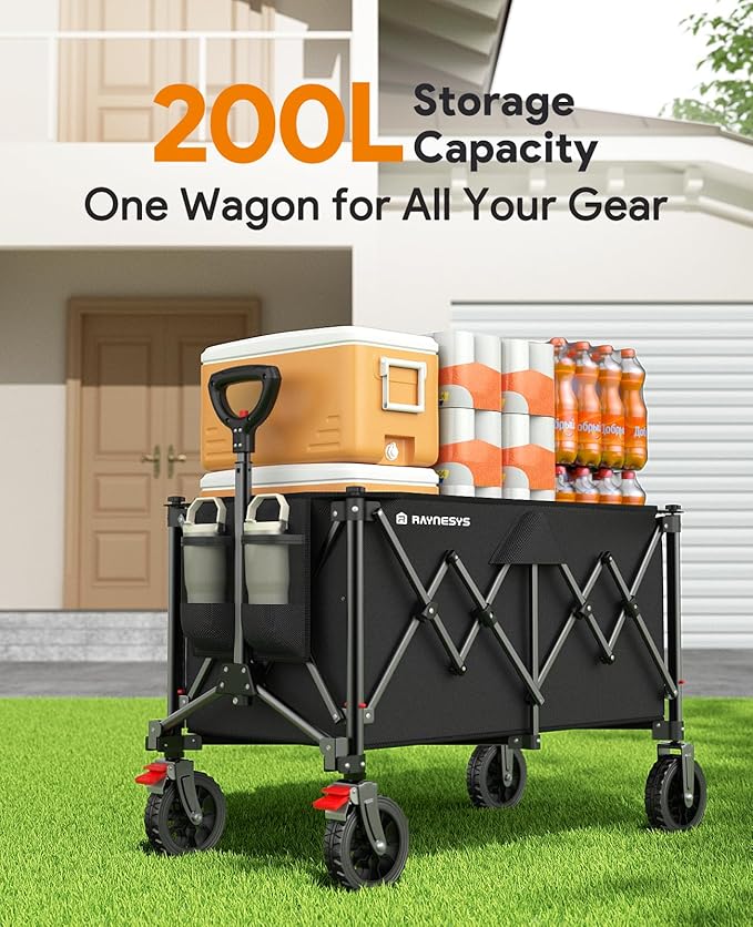 Collapsible Foldable Wagons, 440lbs Capacity Wagons Carts Foldable with All-Terrain Wheels, Heavy Duty Foldable Wagon, Utility Wagon Carts with Brakes for Camping, Sports, Shopping, Grocery, Black