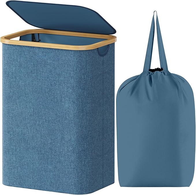 Lifewit 80L Laundry Basket with Lid, Clothes Hampers with Bamboo Handles and A Removable Laundry Bag, Large Foldable Hamper for Bedroom, Bathroom, Dorm, LaundryRoom, Dark Blue