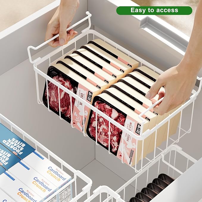 Chest Freezer Organizer Baskets With Tag, Stackable Freezer Organizer Bins for Most 7 Cu.FT Freezer Sort Frozen Meats, White, 4 Pack