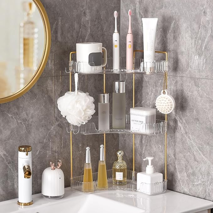 3 Tier Plastic Bathroom Sink Organizer with Hooks, Corner Bathroom Counter Organizer Makeup Storage Vanity Tray for Countertop (White Gold)