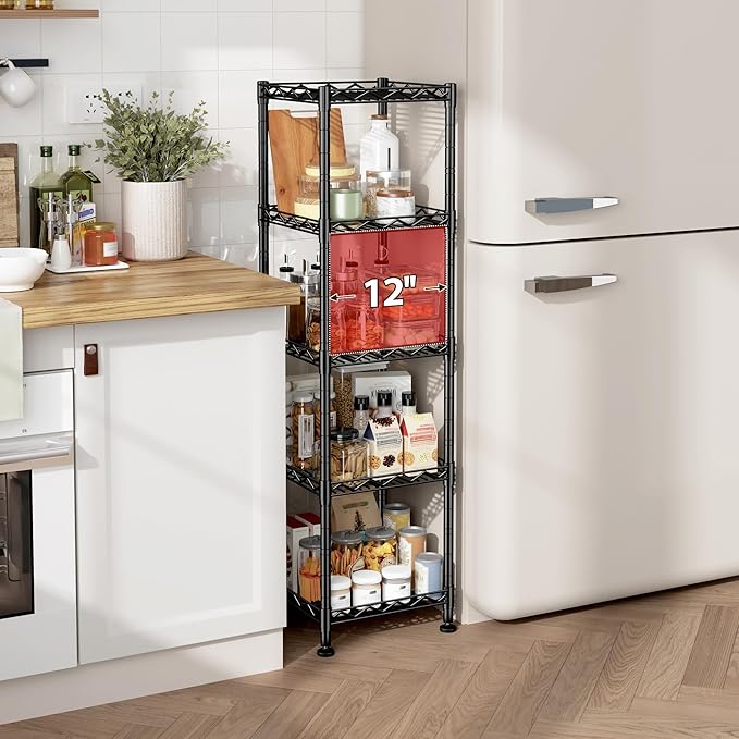 5 Tier Metal Shelving Unit Wire Shelves Storage Rack:Adjustable Storage Shelves Standing Bathroom Shelf and Narrow Shelf for Laundry Dorm Kitchen Pantry Closet Office 12''Wx12''Dx49''H Black