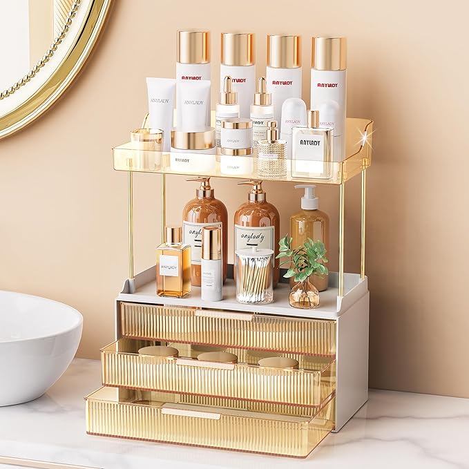 Bathroom Organizers and Storage, Makeup Organizer (Sturdy Durable Attractive), Ideal for Vanity, Countertop, Counter, Perfume, Skincare, Cabinet, Cosmetic, Dresser Organizer (Gold)