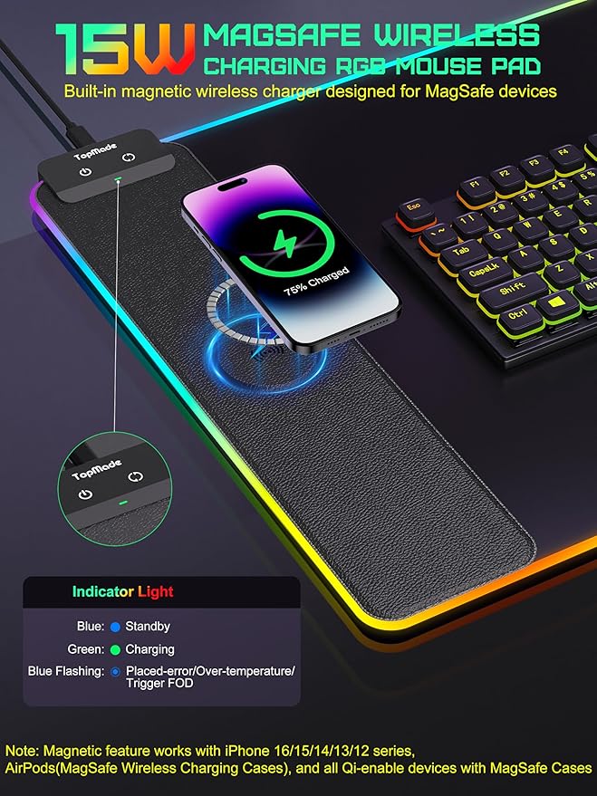 TopMade Mouse Pad with Wireless Charging, 31.5" x 11.81" Large Desk Mat RGB Gaming Mousepad, LED Desk Pad Keyboard Pad, Waterproof Desk Pad (Includes 20W PD Power Adapter & 6.56ft Woven Cable)