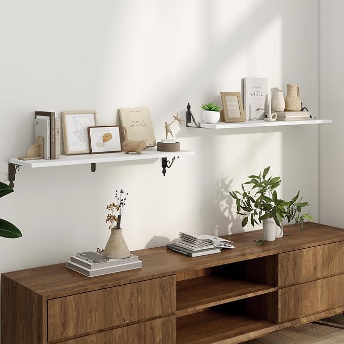 White Floating Shelves for Wall, 32"W x 8"D Wall Shelves, 8 Inch Deep Floating Shelf with Bracket, 32 Inch Floating shelves Set of 2, Rustic Shelves for Living Room, Bathroom and Kitchen, White