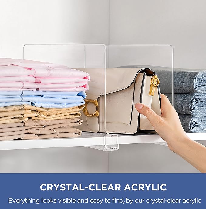 HBlife 24 Pack Clear Shelf Dividers, Vertical Purse Organizer for Closet Perfect for Sweater, Shirts, Handbags in Bedroom and Kitchen, Adjustable Acrylic Bookshelf for Organization