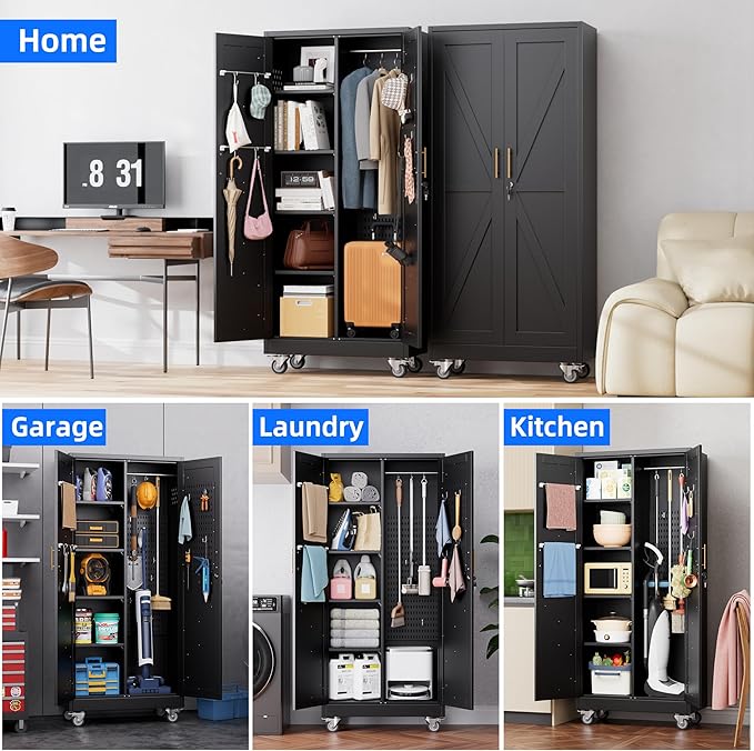 Black Broom Closet Storage Cabinet with Doors and 4 Shelves,Metal Cleaning Tool Cabinet with Pegboard,Hanging Rod for Brooms and Mops,Kitchen Pantry Storage Cabinet,Assembly Required