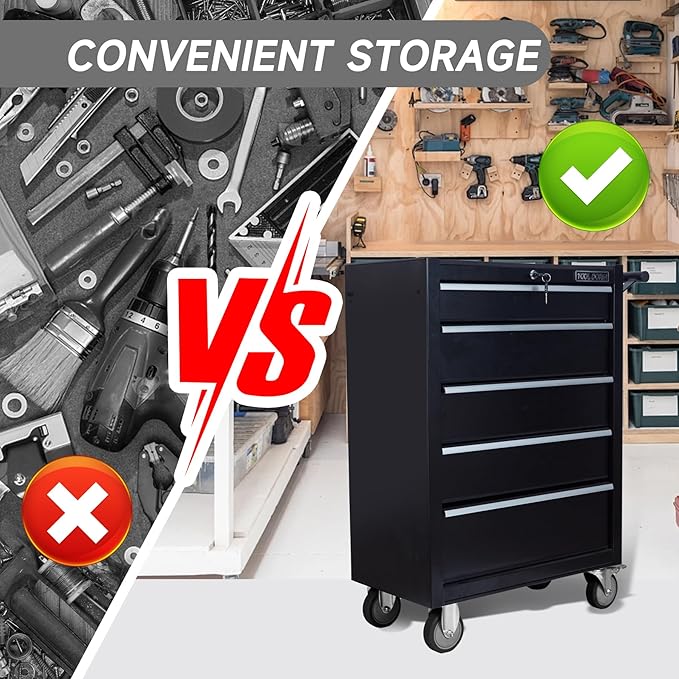 5-Drawer Rolling Tool Chest with Locking Wheels & Drawers, 13" D x 24.2" W x 34.6" H Mobile Tool Storage Cabinet, Heavy-Duty Garage Organizer w/Ergonomic Handle