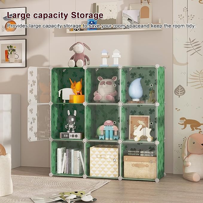 C&AHOME Cube Storage Organizer with Doors, 10-Cube Shelves, DIY Plastic Modular Bookshelf, Closet Clothes Storage Shelving Ideal for Bedroom, Living Room, Clover Embossed, Green