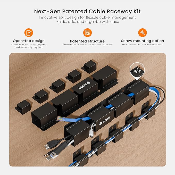 EUREKA ERGONOMIC Cable Management Organizer Kit Cable Raceways 316 PCS, 6 Cable Holder, 4 Cord Sleeve, 60 Wire Clips,2 Roll Self Adhesive Wire Ties, 100 Zip Ties For TV Office Home Under PC Desk,Black