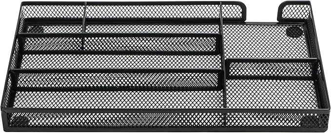 Annova Desk Drawer Organizer Tray for Office Organization - Metal Mesh - Storage Tray with Dividers for Pens, Desktop Accessories, Bathroom, Kitchen, Makeup and Office Supplies (Small, Black)