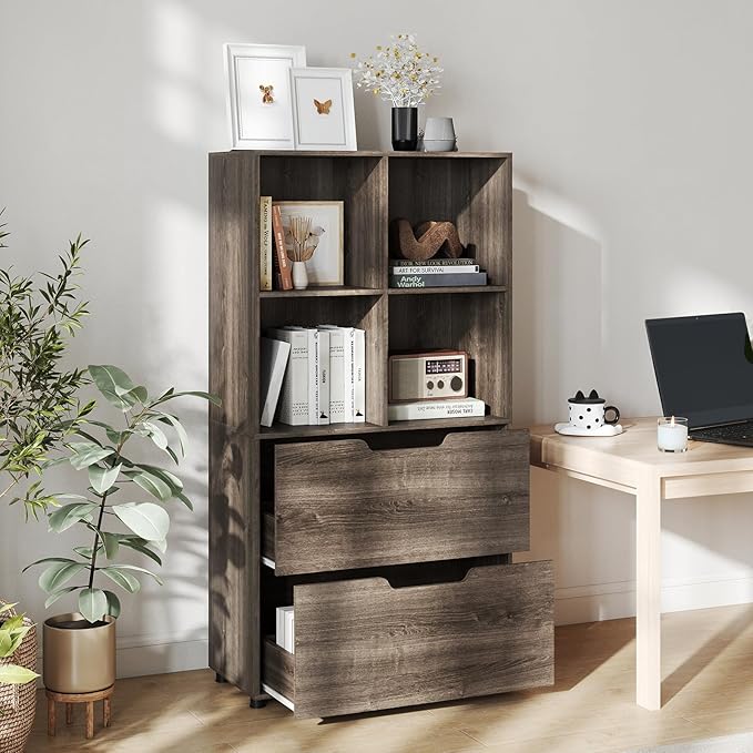 GOFLAME 4-Tier Bookcase with 2 Drawers, 51” Tall Bookshelf with 4-Cube Open Shelf, Wood, Modern, Freestanding Display Storage Organizer Shelf for Living Room, Home Office (1,Gray)