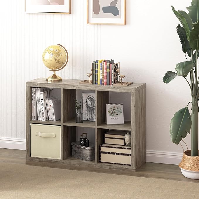 Bookshelf Cube Storage Organizer, 6-Cube Shelf Bookcase with Storage Bin, Modern Wood Open Shelf for Living Room, Bedroom, Home Office,Gray Oak