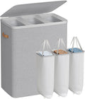 SONGMICS Laundry Basket, 50.2 Gal. Laundry Hamper, 3 Compartments, Easy Assembly, with Lid and Handles, Removable Liners, 25.2 x 15.7 x 29.5 Inches, Dove Gray ULCB814GD01