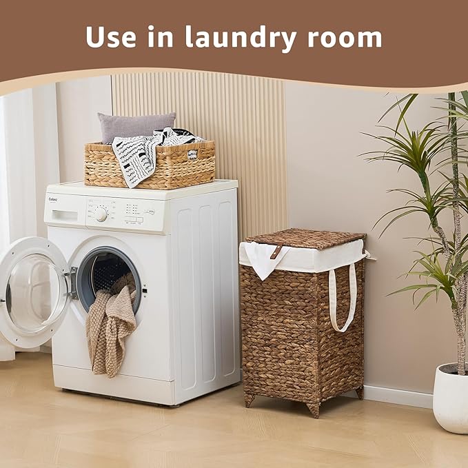 Laundry Hamper with Lid and Removable Liner Bag, Handwoven Natural Hyacinth Clothes Hamper with Heightened Feet, Wicker Laundry Basket for Clothes and Towels，Small